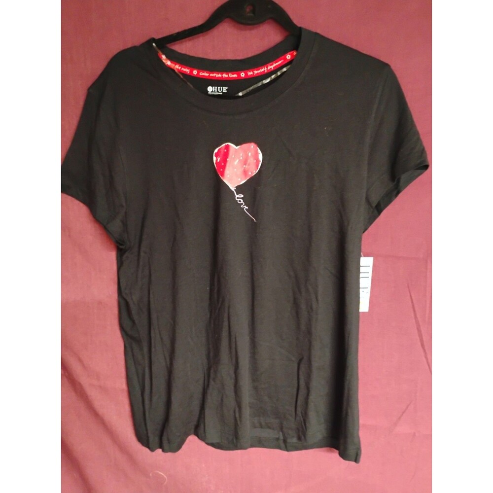HUE Black/Pink Heart Top Womens Medium Shirt Short Sleeve Love Valentines